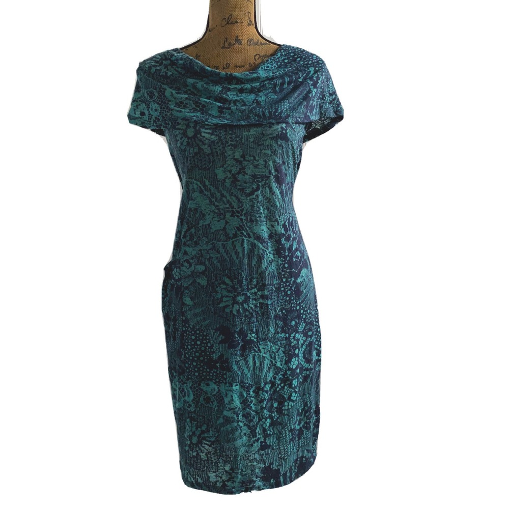 Chalet USA Dress SMALL‎ Turquoise Navy Blue Faux Lace Floral Pocket Cowl Shift